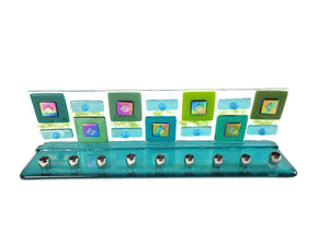 Menorah, Geometric Design, Green, Hand Made Fused Glass