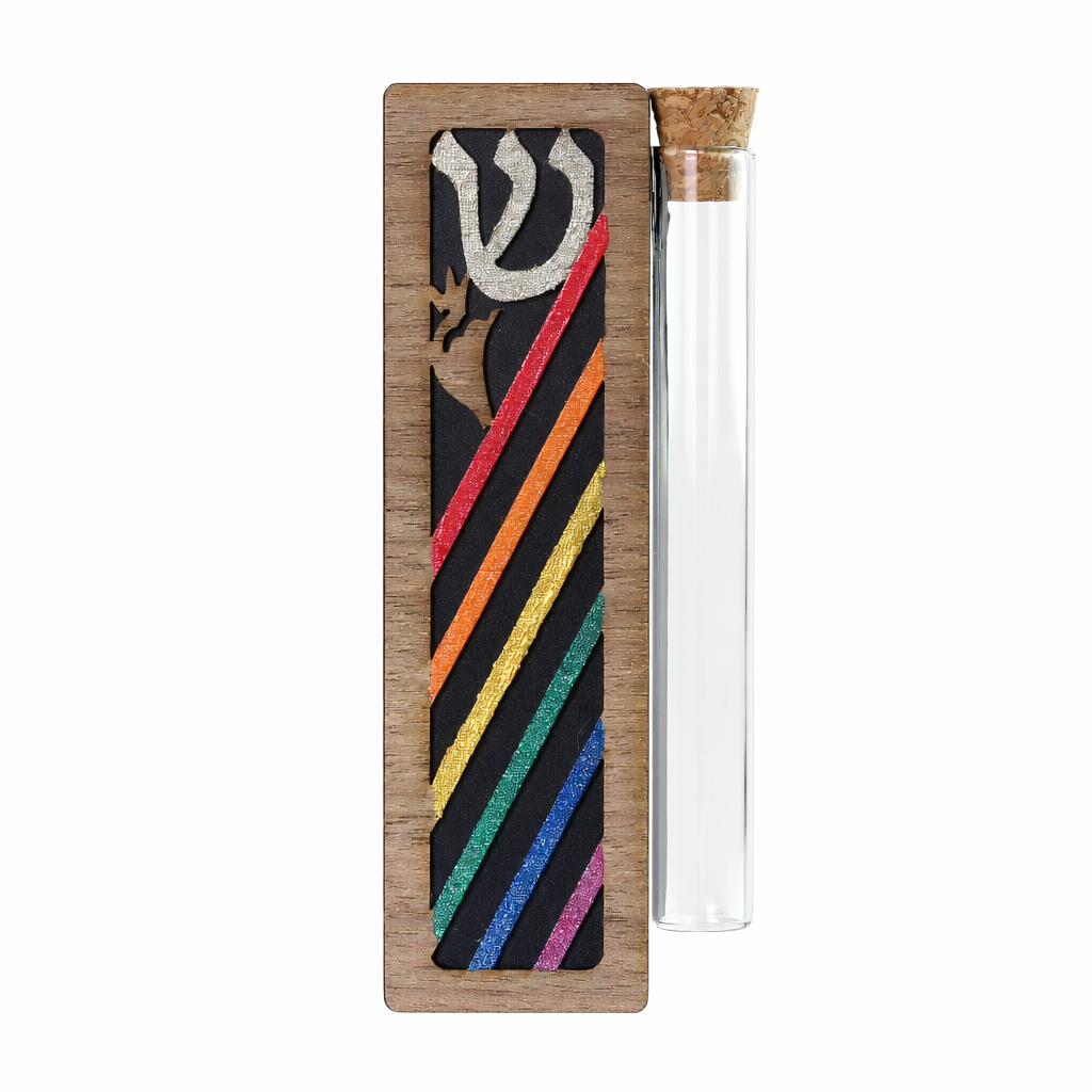 Wedding Mezuzah, Pride Rainbow Design, Cut Wood with Aluminum Base