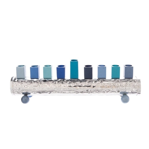 Menorah, Hammered Nickel with Multi Blue Anodized Aluminum Detail