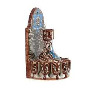 Menorah, Oil, Fountain Style, Burgundy Ceramic, Hand-Painted in Morocco