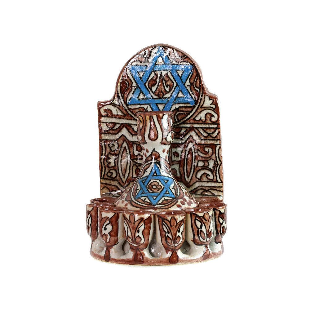 Menorah, Oil, Fountain Style, Burgundy Ceramic, Hand-Painted in Morocco