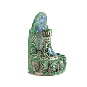 Menorah, Oil, Fountain Style, Green Ceramic, Hand-Painted in Morocco