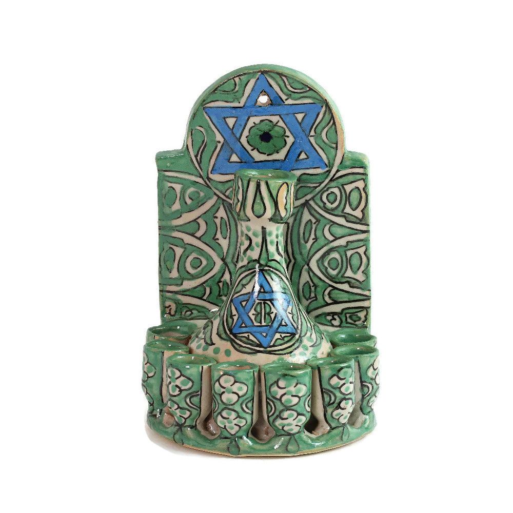 Menorah, Oil, Fountain Style, Green Ceramic, Hand-Painted in Morocco