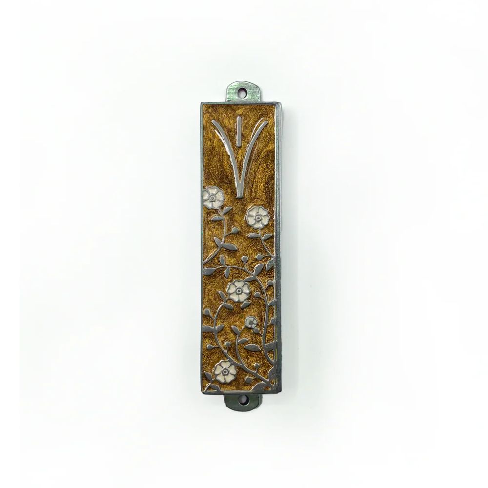 Mezuzah, Gold Background with Silver Flowers, Pewter with Enamel