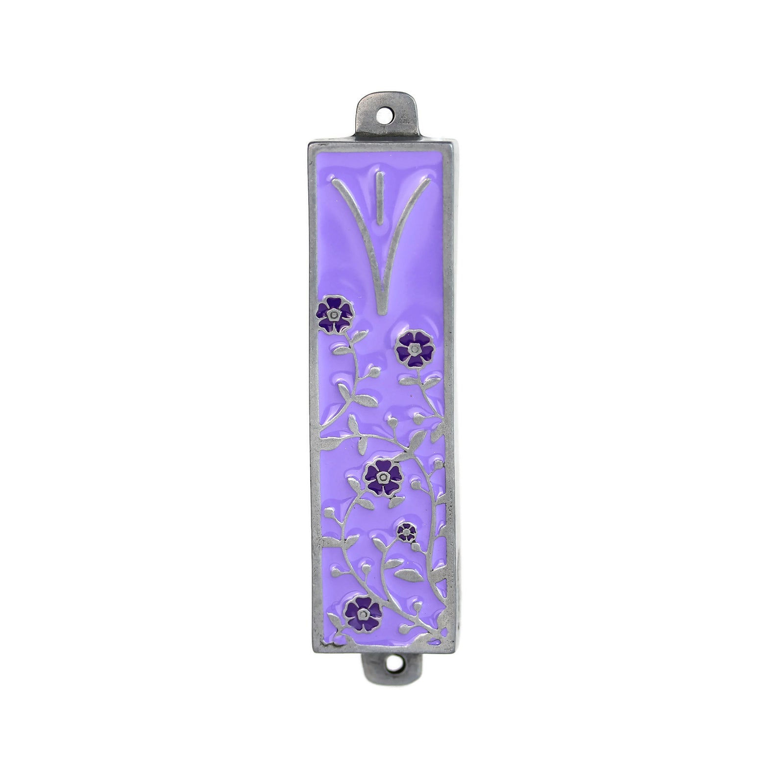 Mezuzah, Light Purple Background with Purple Flower Design, Pewter with Enamel