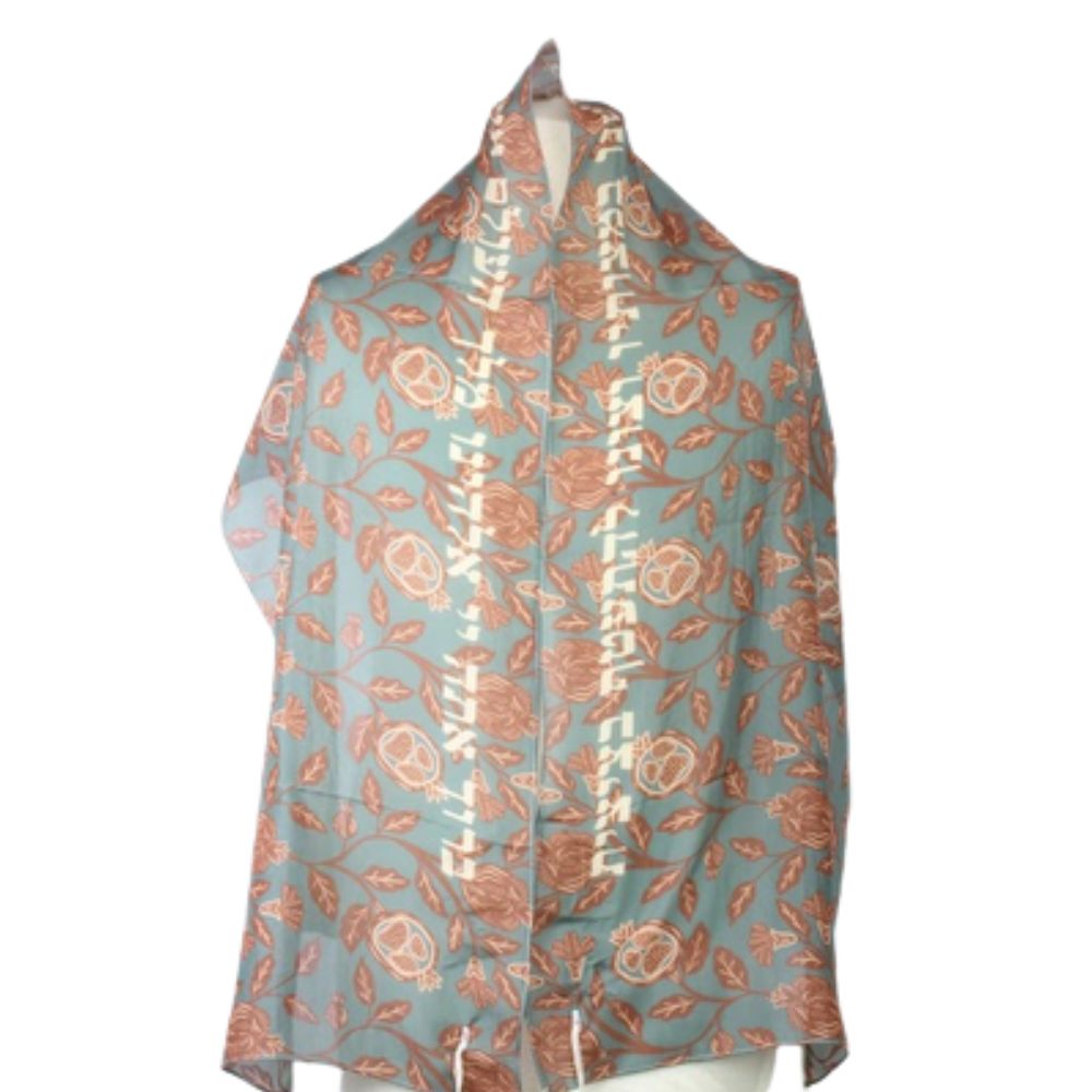 Tallit, Floral Pomegranate Design, Hand Printed, Blue & Red, Silk, 17 x 72
