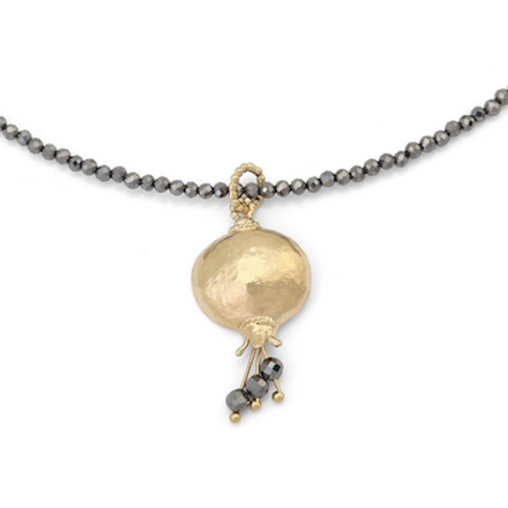 Necklace, Pomegranate Design, Hematite Beads with Gold Plate Detail over Sterling Silver