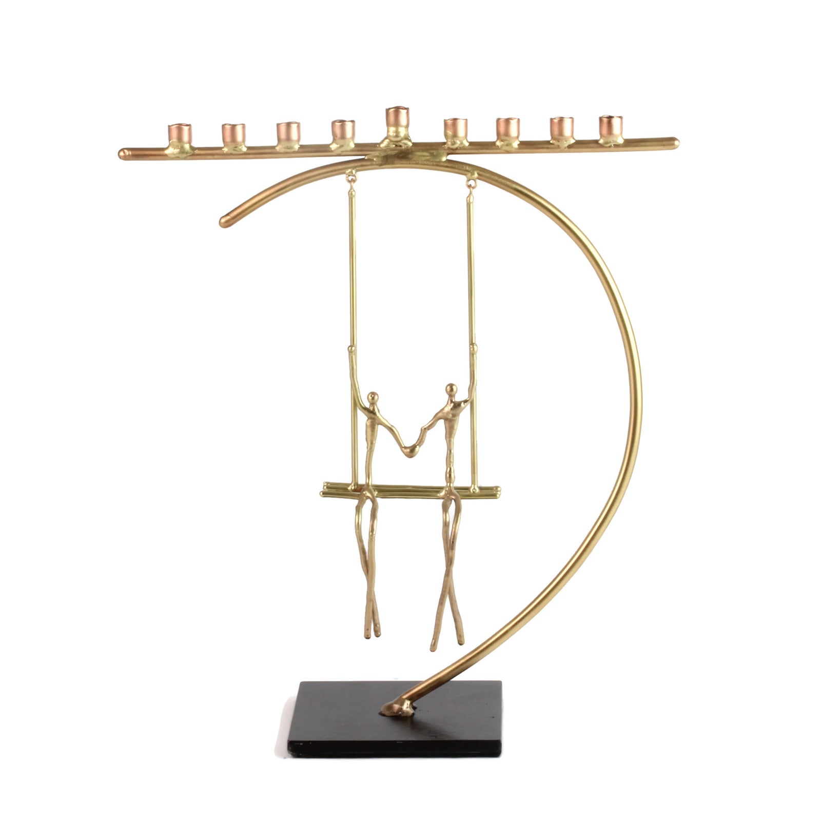 Menorah, Two Figures on a Swing, No Leaves, Even Height Candles, Copper and Brass