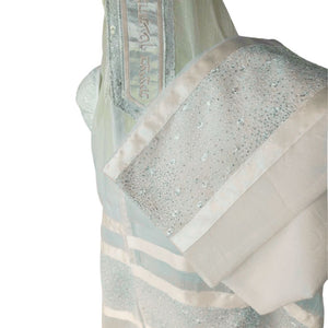 Tallit Set, Shimmering Silver Band and White Stripes, Fine White Cotton