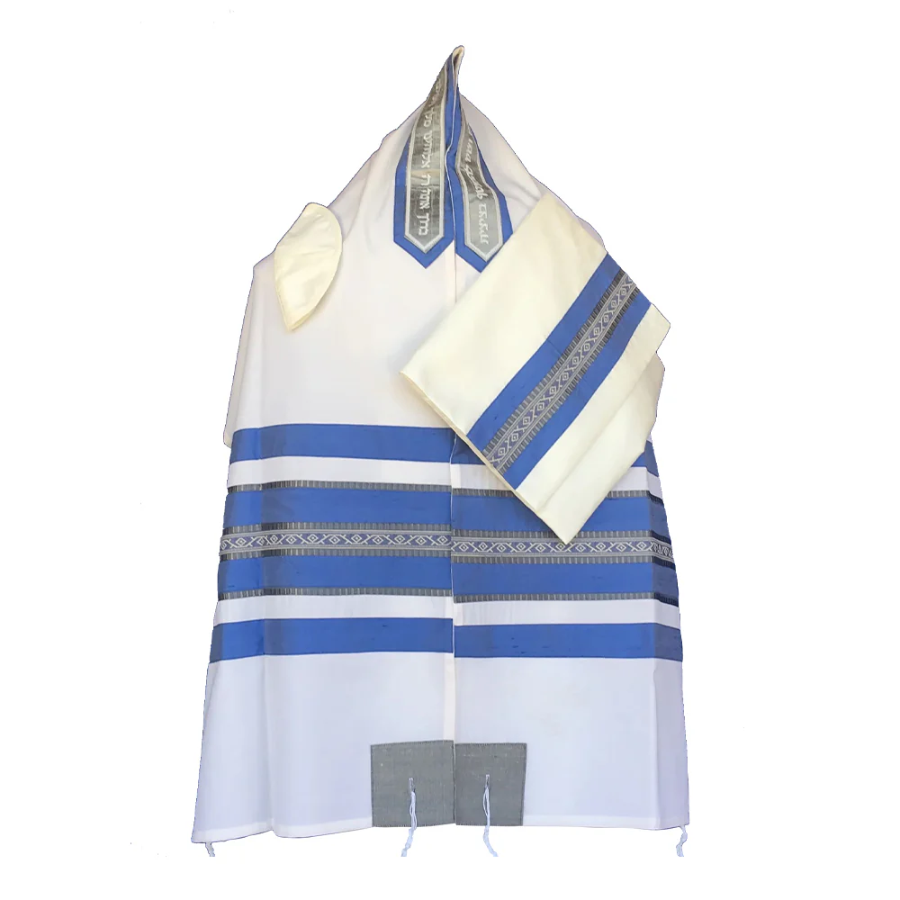 Tallit Set, Light Blue Stripes with Silver Accents, Fine Cotton