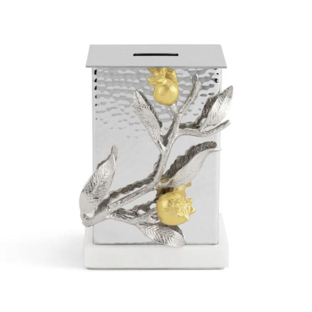 Tzedakah Box, Pomegranate Design, Stainless Steel, Brass