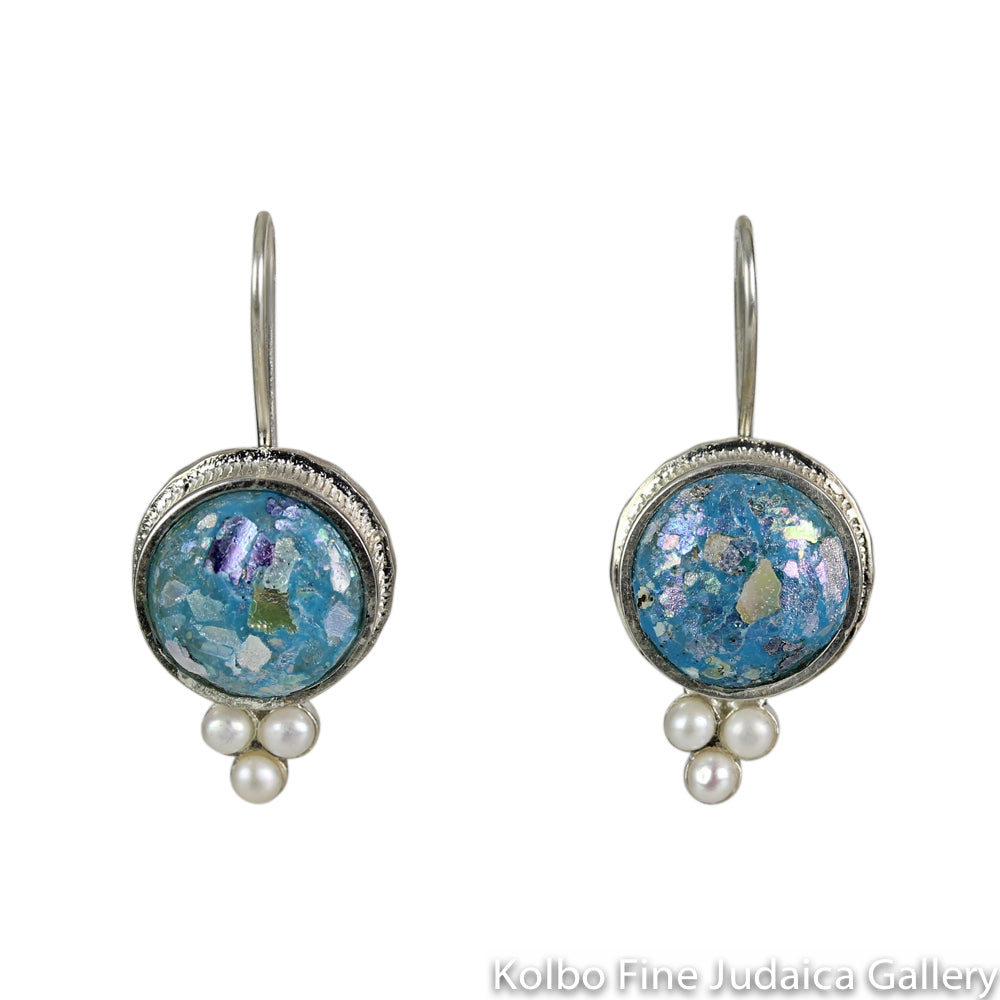 Earrings, Blue Roman Glass with Three Small White Pearls, Sterling Silver