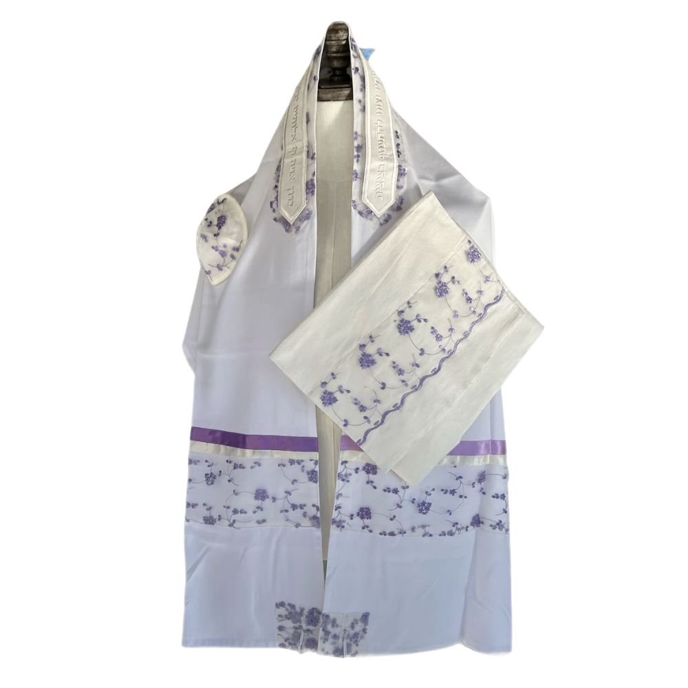 Tallit Set, Purple Floral Design on Fine White Cotton