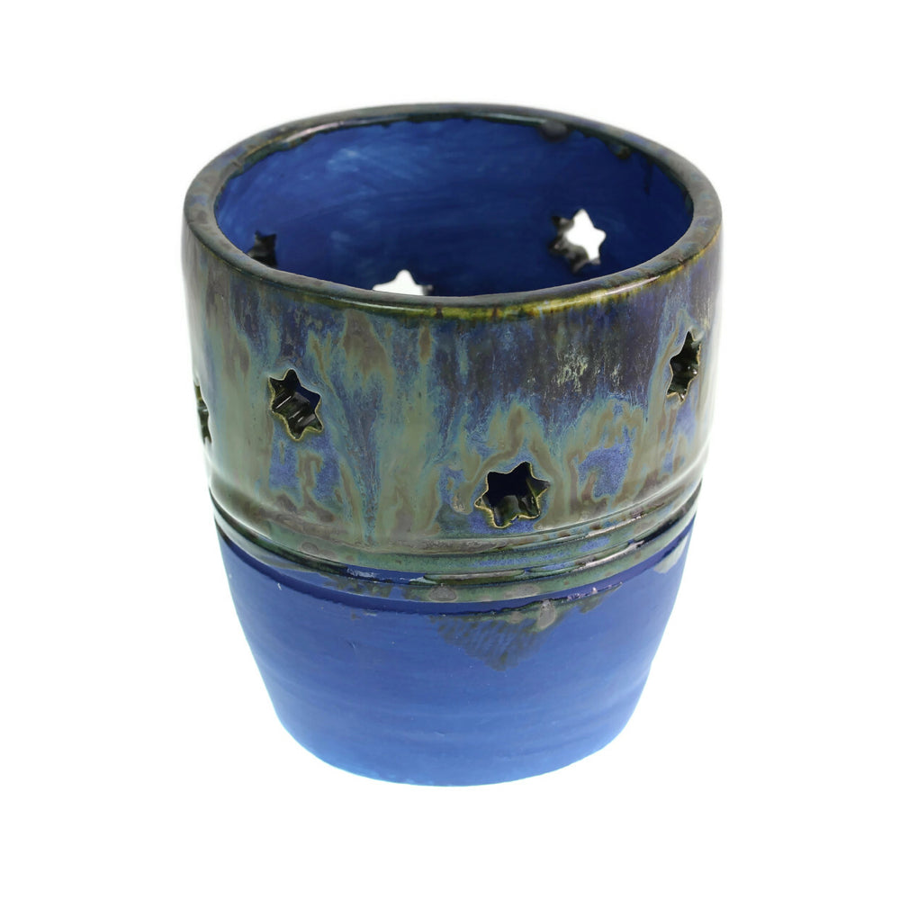 Yahrtzeit Candle Holder, Star Design, Multicolor and Blue Glaze, Handmade Ceramic