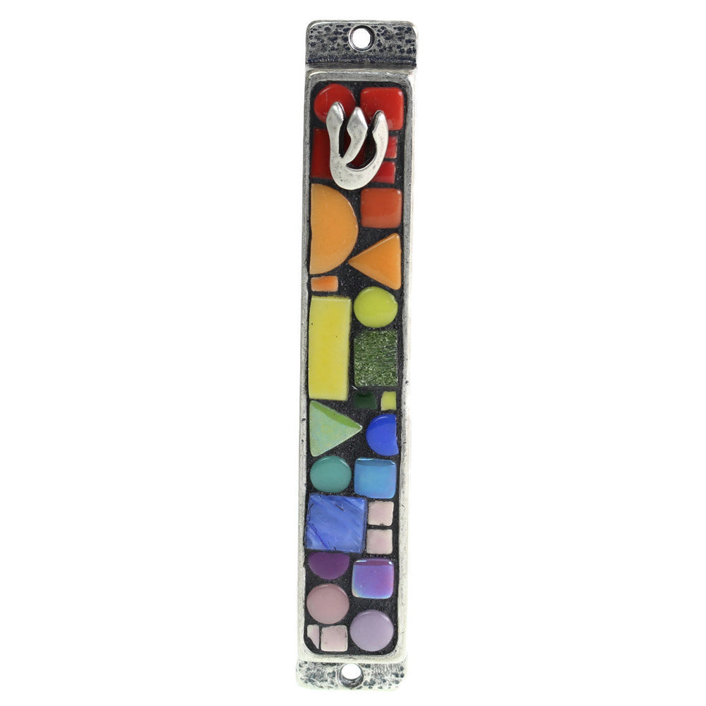 Mezuzah, Mosaic with Pride Colors, Silver Color Metal Backing