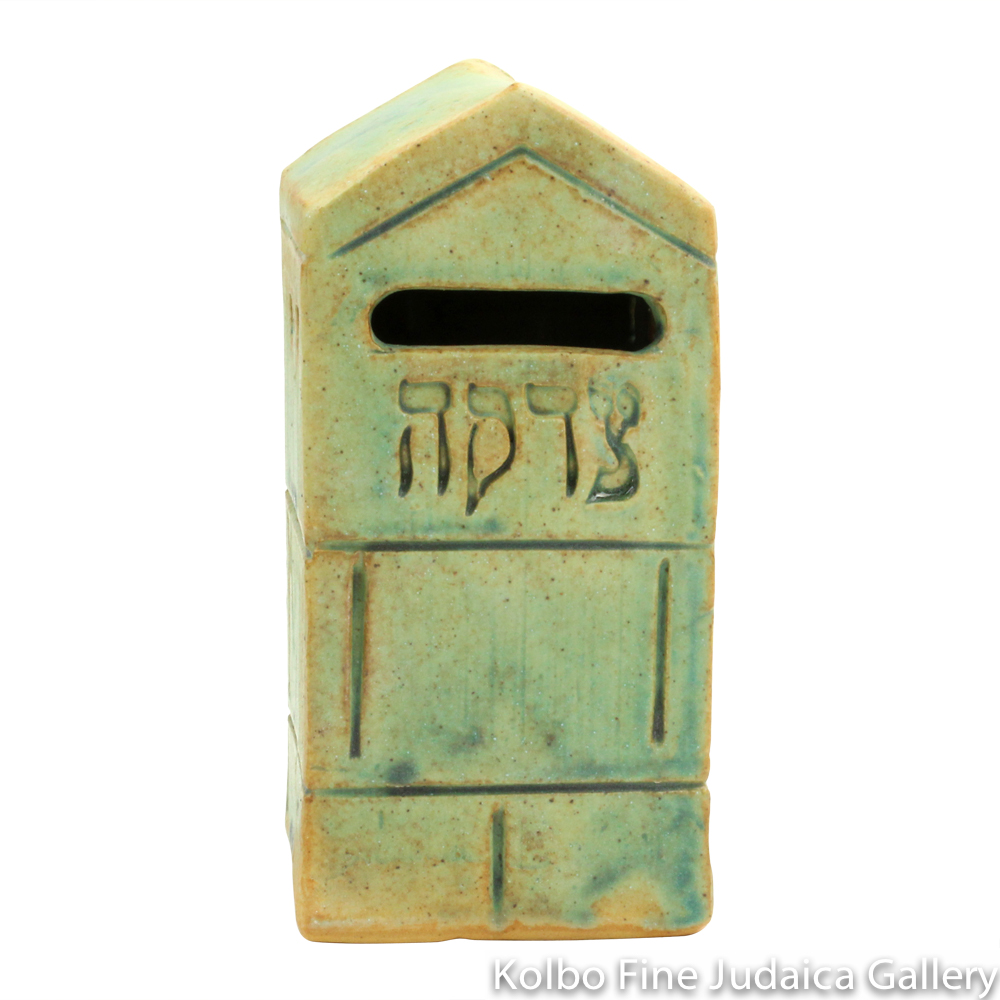 Tzedakah Box, Square Temple Design, Ceramic with Patina Glaze
