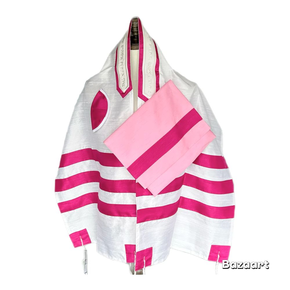 Tallit Set, White Raw Silk with Hot Pink Stripes