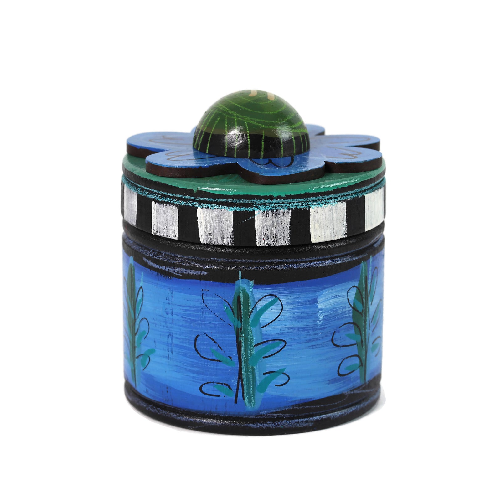Jewelry Box, Hand Painted Wood, Flower Top with Chai, Blue Base
