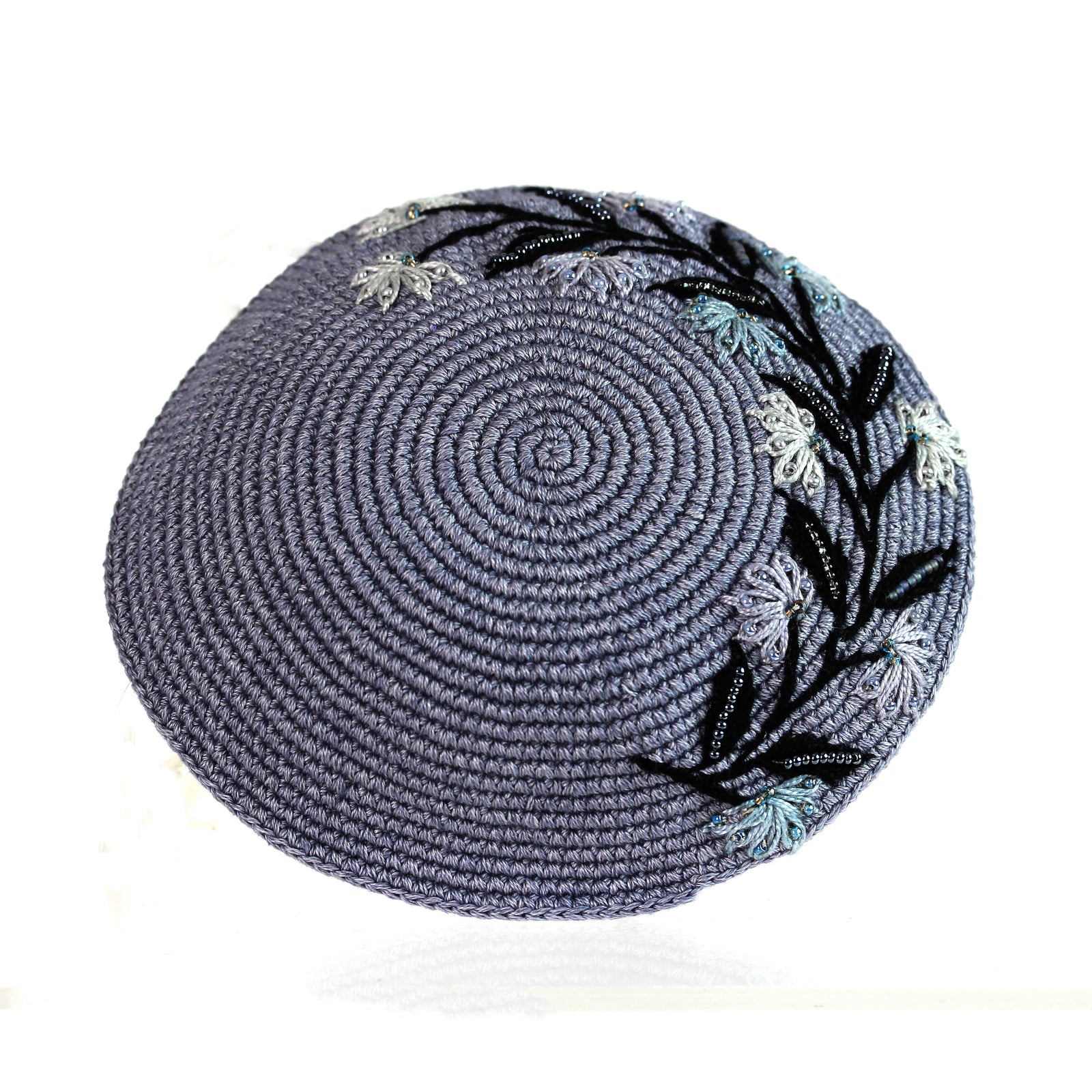 Kippah, Gray, Embroidered Black Floral Motif with Beading, Fair Trade