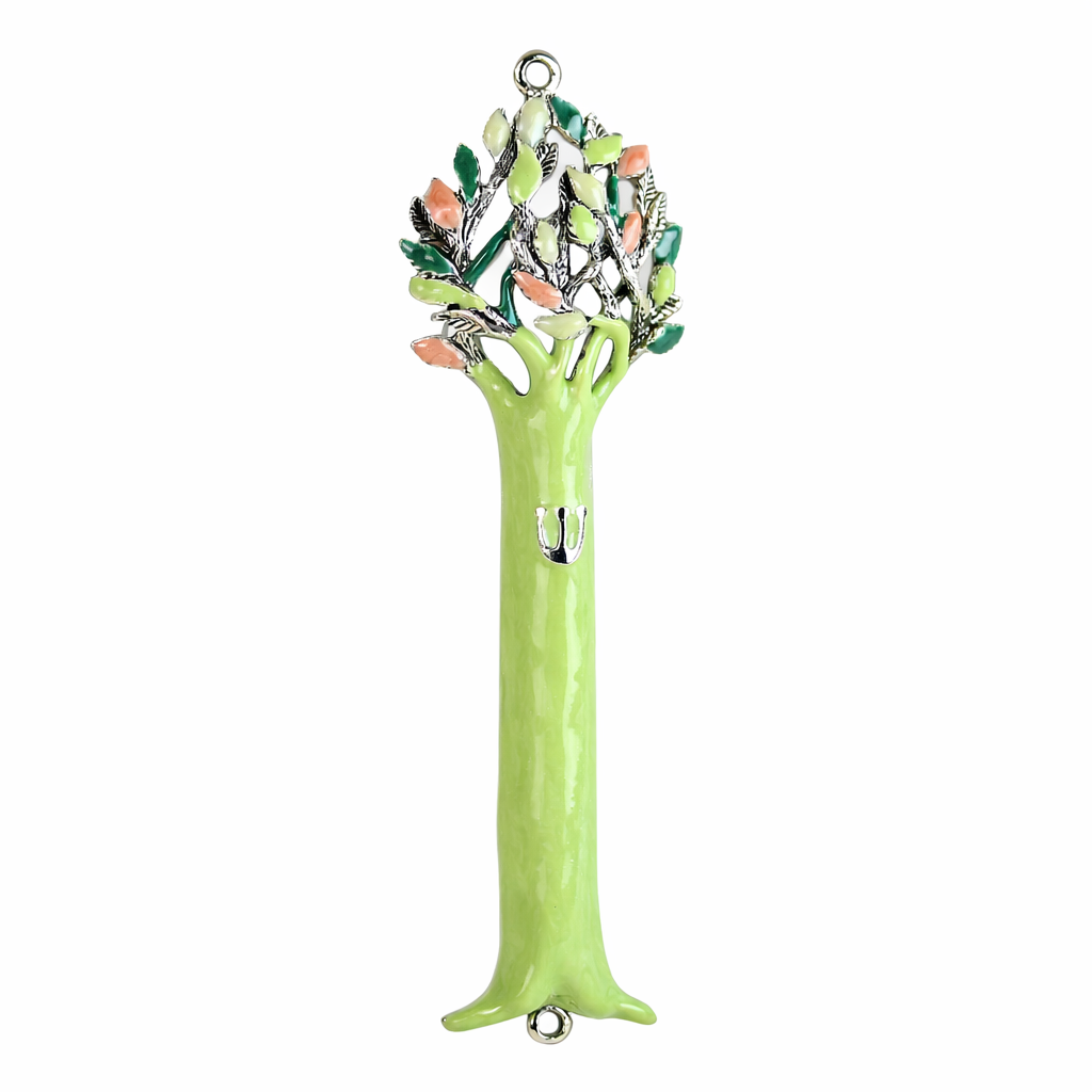 Mezuzah, Tree of Life in Green and Pink, Silver Colored Pewter with Enamel