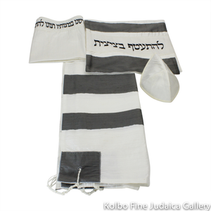 Tallit Set, Raw Silk, White with Charcoal Stripes