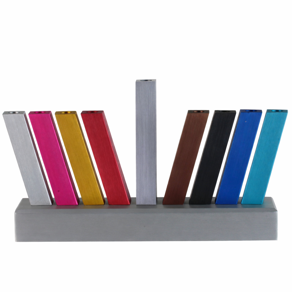 Menorah, Arrangeable Design, Assorted Anodized Aluminum on Silver Base