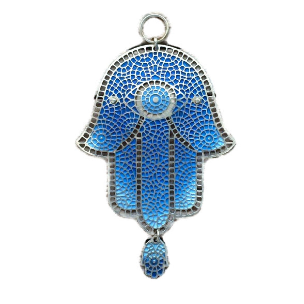 Hamsa, Mosaic Design with Hand Painted Blue Enamel on Brass