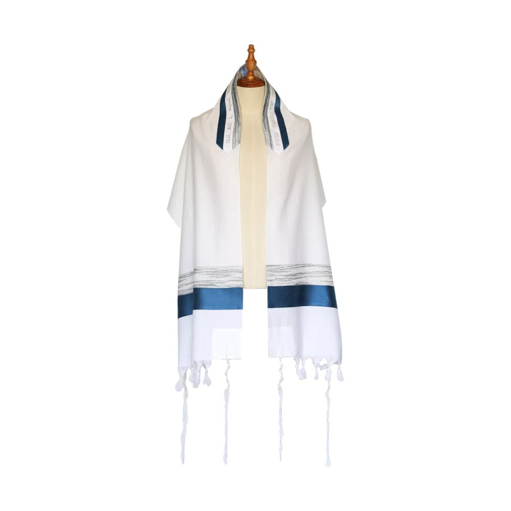 Tallit Set, Marbled Gray with Steel Blue Detail, Soft Wool, Three Piece Set