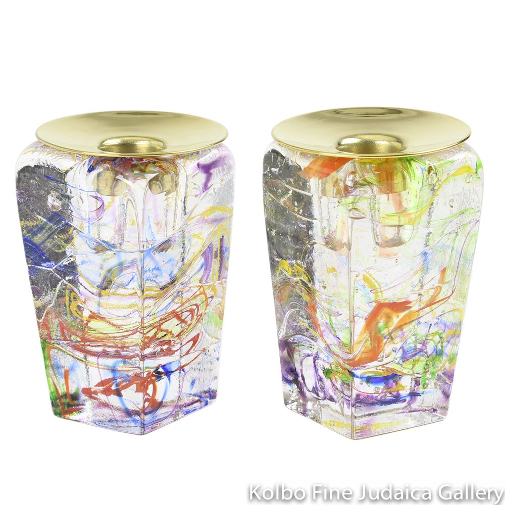 Candlesticks, Tower, Clear Glass, Rainbow Swirls, Includes Drip Cups