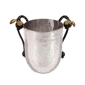Hand Washing Cup, Hammered Metal with Black and Goldtone Pomegranate Detail