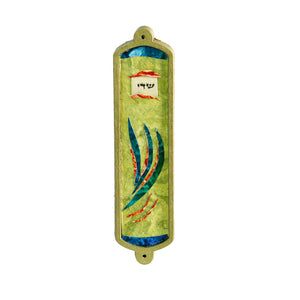 Mezuzah, Papers and Wood, Rectangular, Lime and Teal