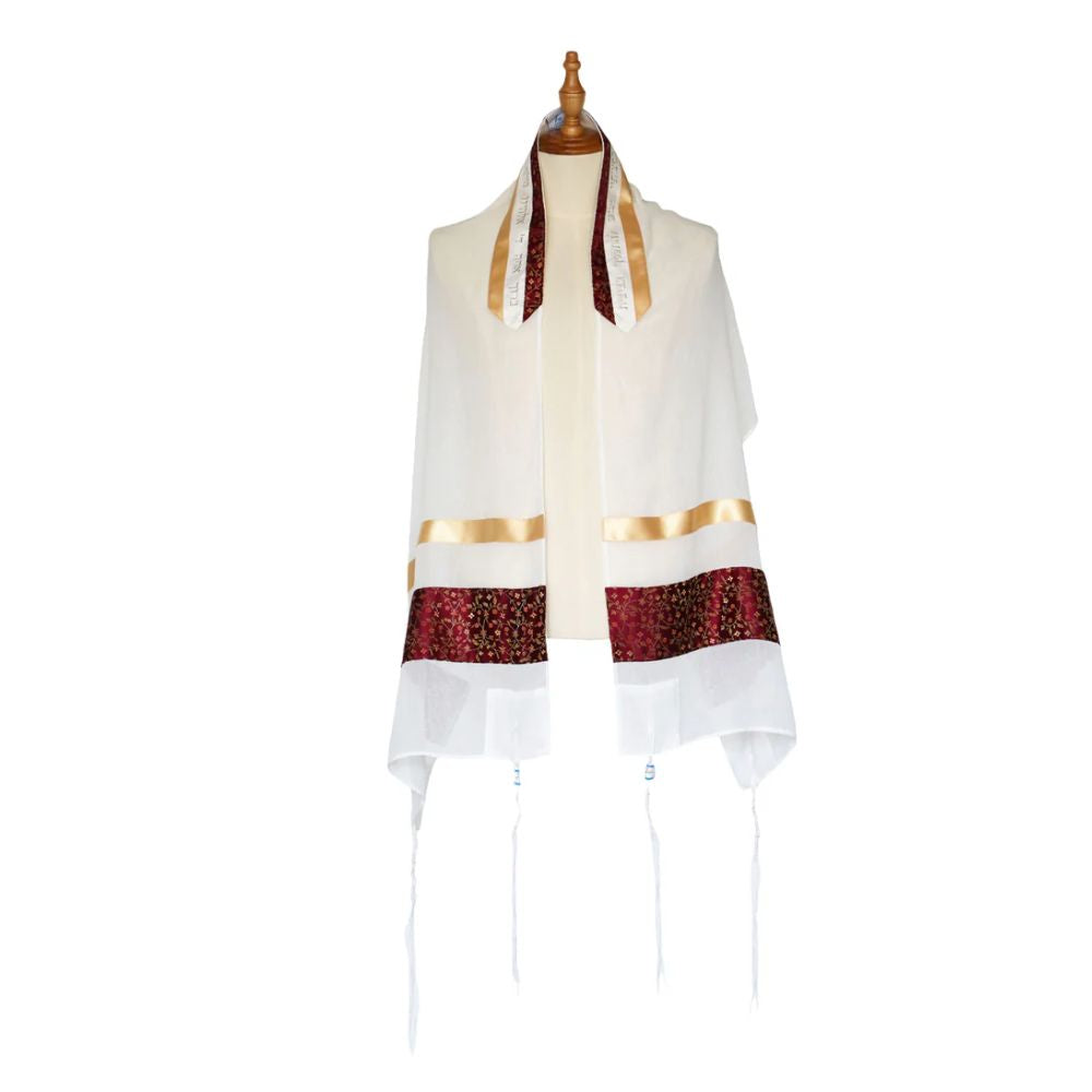 Tallit Set, Red and Gold Floral Design, Three Piece Set