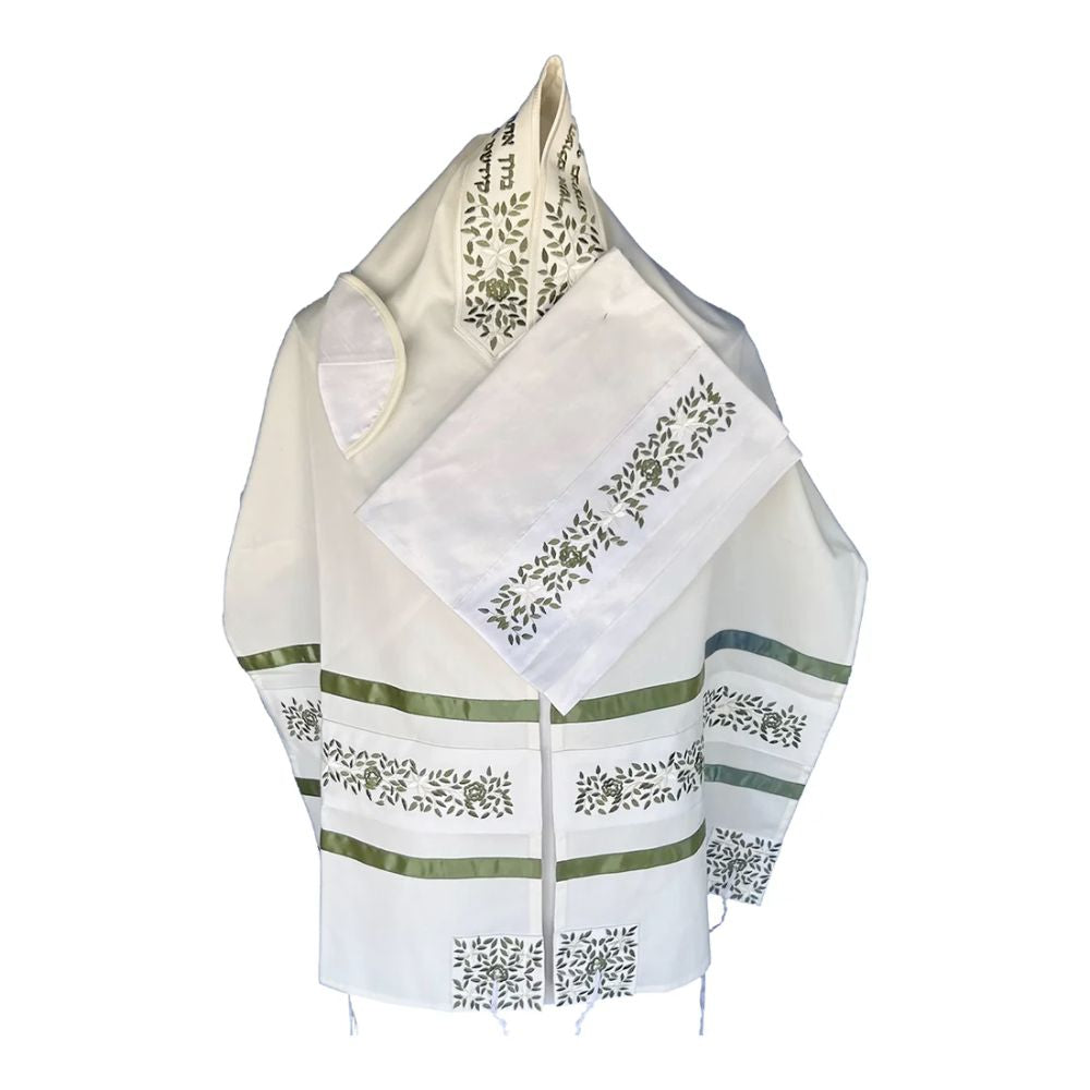 Tallit Set, Embroidered Vine Design in Sage Green on Brushed White Cotton