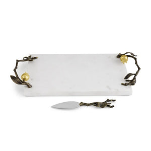 Serving Plate and Knife, Pomegranate Design, White Marble, 24K Gold Plate, Oxidized Brass, Stainless Steel