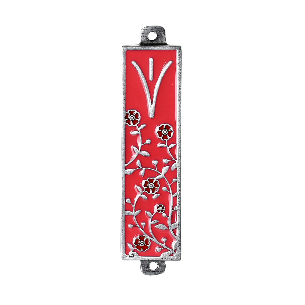 Mezuzah, Coral Background with Flowers, Pewter with Enamel