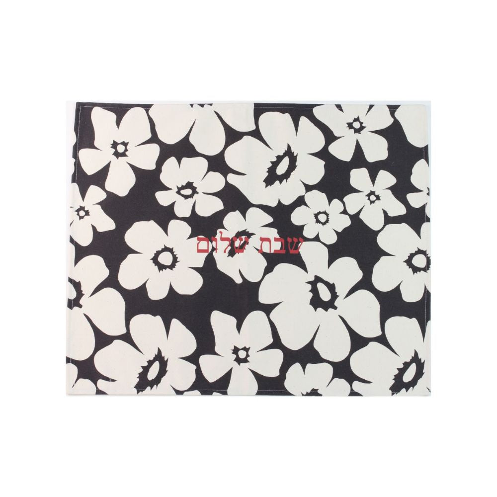Challah Cover, Original Black, White Poppy with Red Text, Organic Cotton Drill