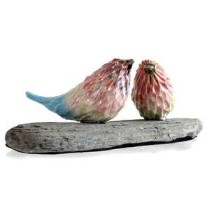 Joyful Day, Two Textured Ceramic Birds on Driftwood, One-of-a Kind Sculpture