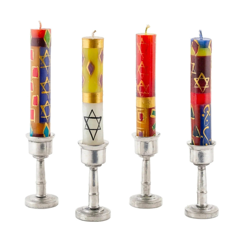 Shabbat Candles Set of Four, 4", Stars, Multi Colored, Hand Painted