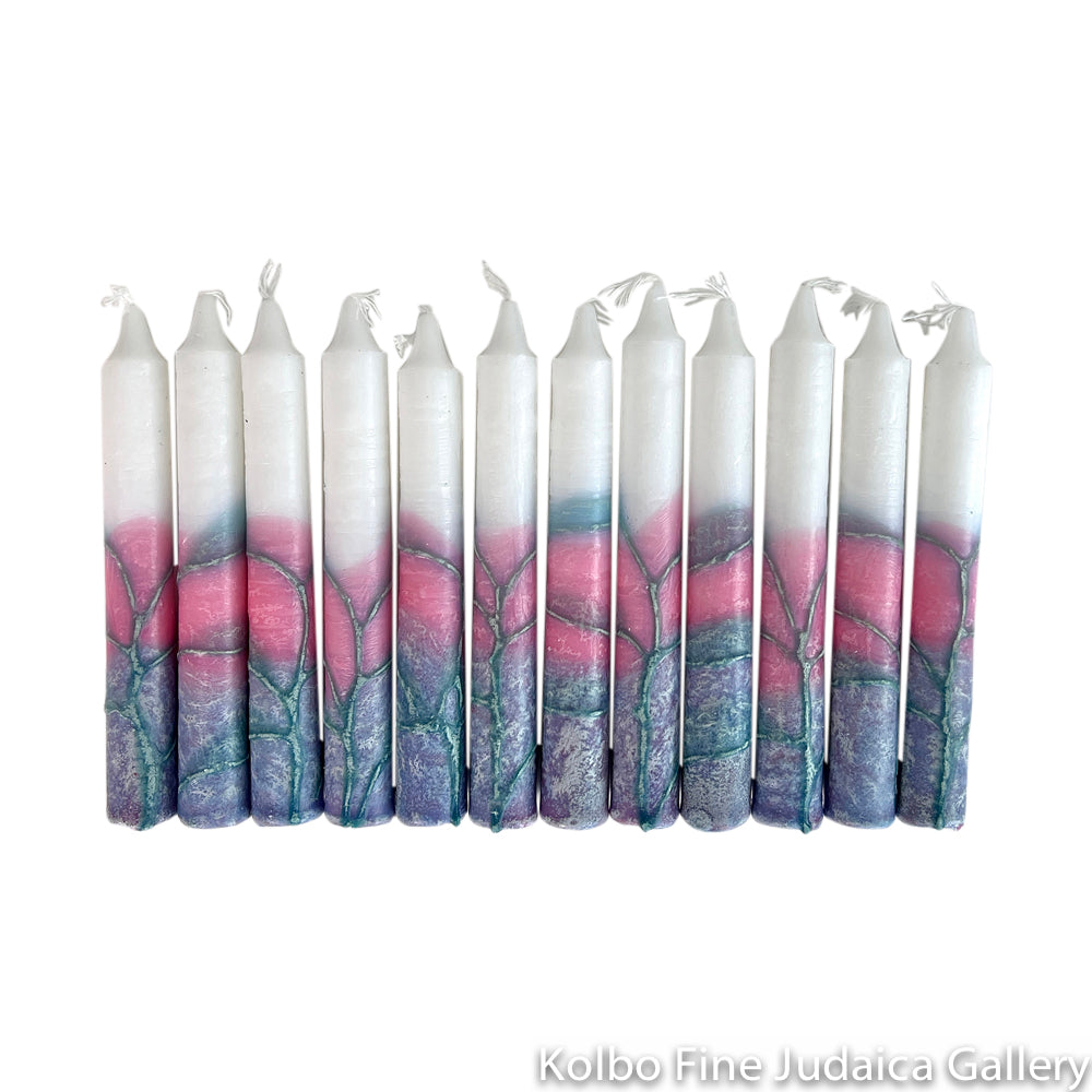 Shabbat Candles, Pink to Blue and Purple Tones, Box of 12, Unscented Dripless Paraffin