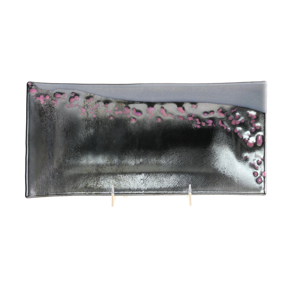 Serving Dish, Rectangular with Matte and Iridized Gray and Charcoal Glass, Dusty Rose Detail