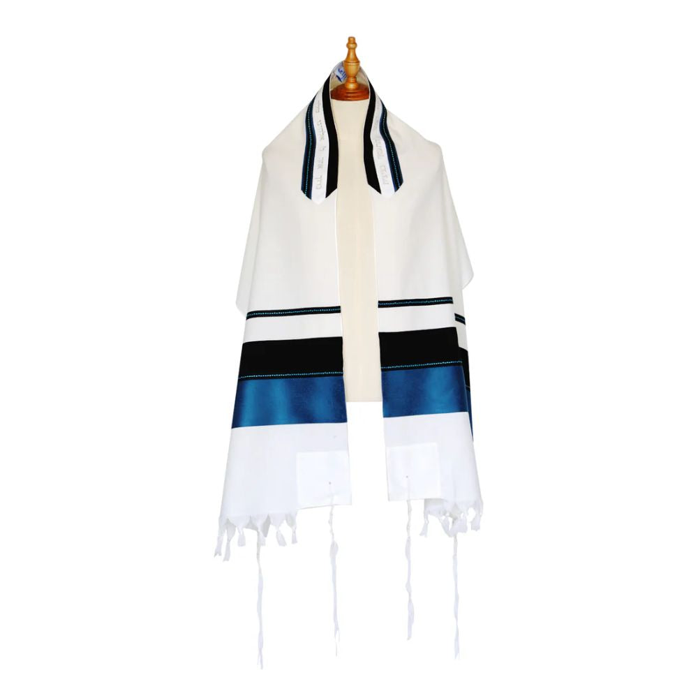 Tallit Set, Steel Blue and Black with Blue Raised Stitching, Soft Wool, Three Piece Set