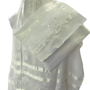 Tallit Set, White on White Floral Design with Sequins, Fine White Cotton