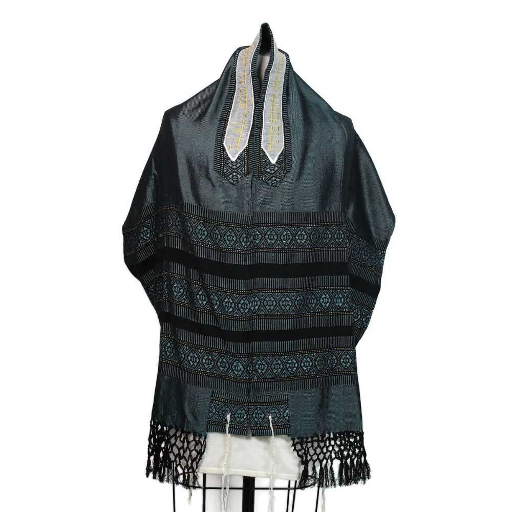 Tallit Set, Blue Soft Wool Background with Silver and Black Detail