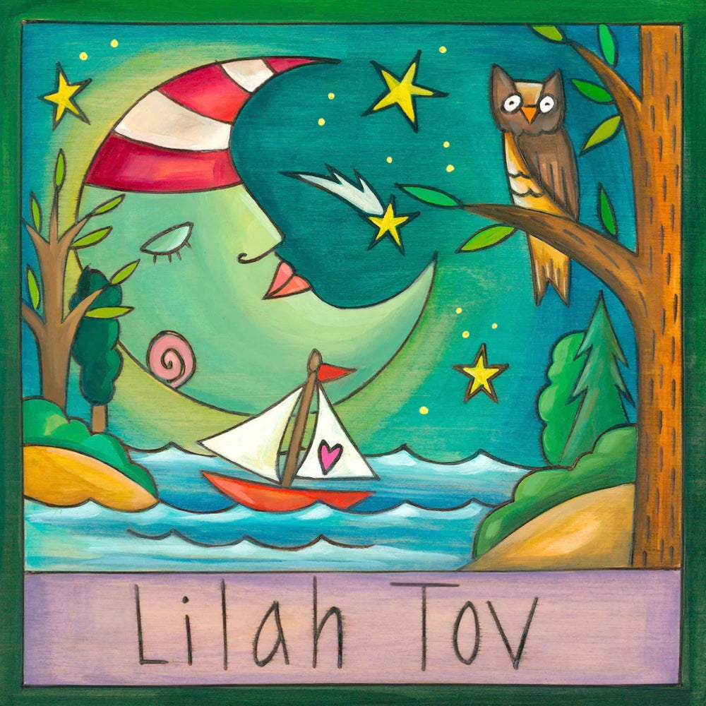 Wall Plaque, Lila Tov, Good Night, Colorful Wood Design, 9"x9"