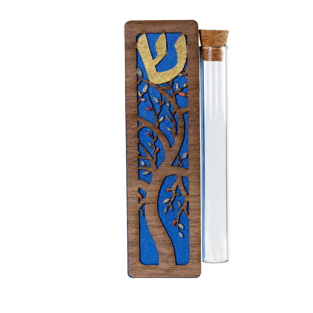 Wedding Mezuzah, Tree of Life Design, Cut Wood with Aluminum Base, Blue Background