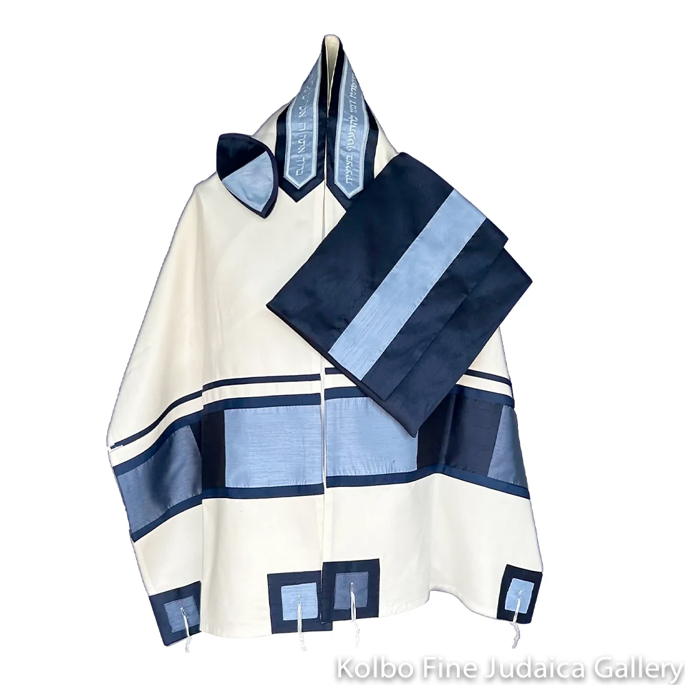 Tallit Set, Light Blue, Navy, and Slate Raw Silk Squares on Fine White Cotton