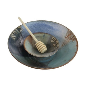 Honey and Apple Set, Four Blues, Hebrew, One of a Kind, High Fire Ceramic