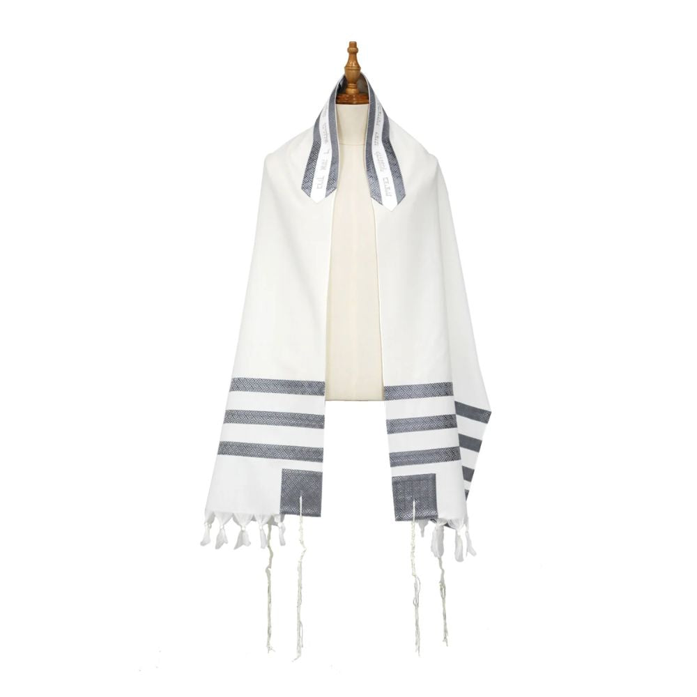 Tallit Set, Silver and Gray Geometric Design, Fine Wool, Three Piece Set