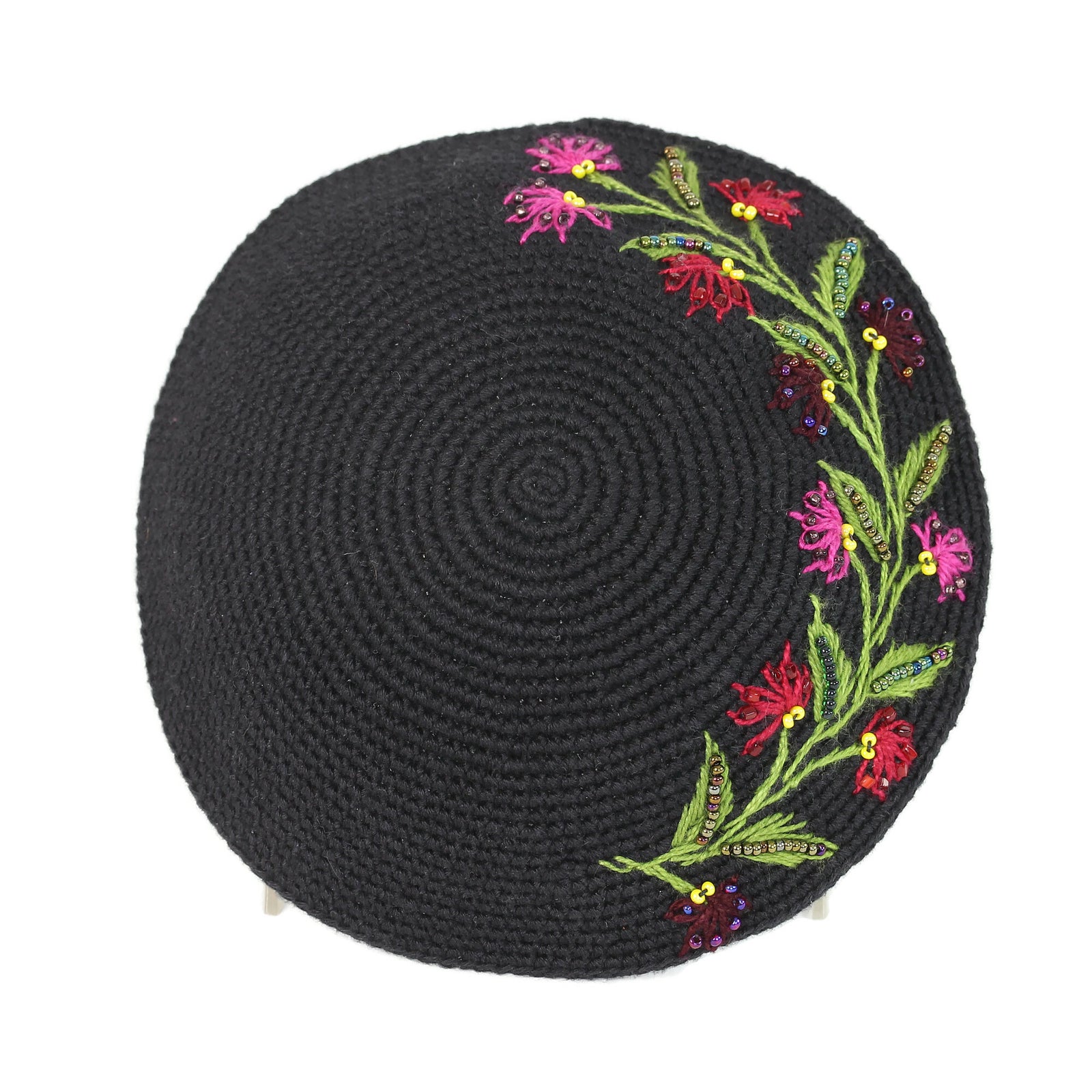 Kippah, Black, Embroidered Red Floral Motif with Beading, Fair Trade