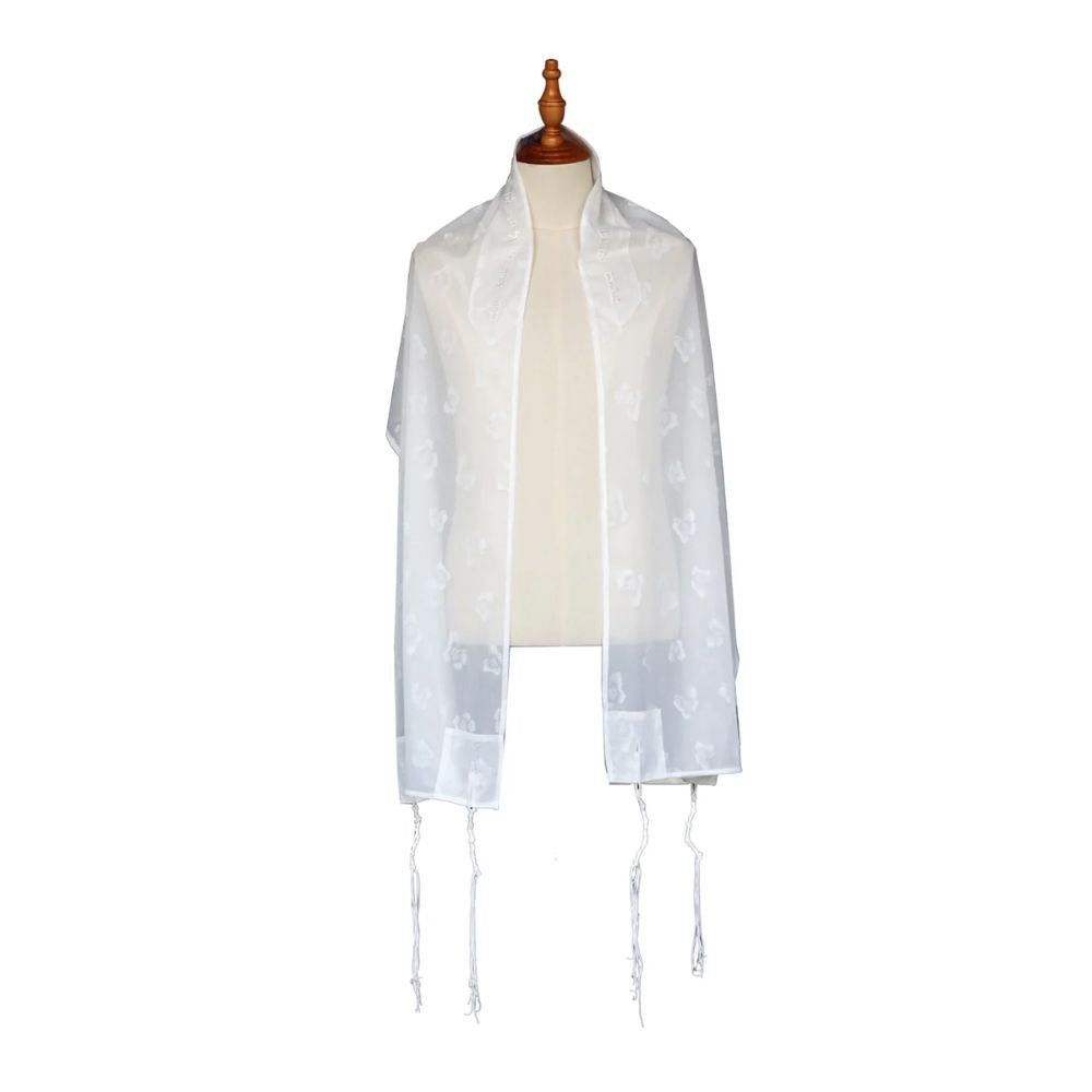 Tallit Set, White on White Butterfly Design, Three Piece Set